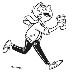 Cartoon Boy Running with Coffee Cup, Black and White Outline, Cheerful, Energetic