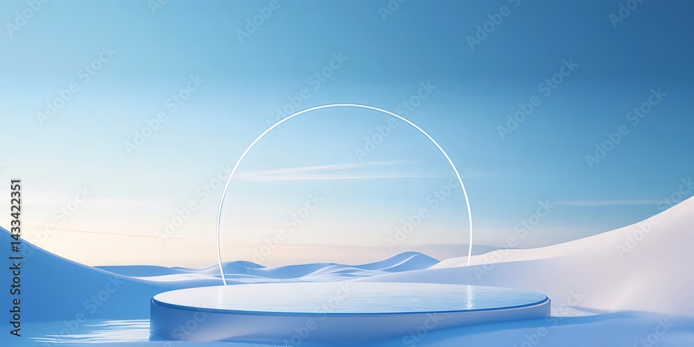 Aufkleber 青い空と雪山と円弧状の光の立体的な風景 冬の氷と光と影が織りなす幻想的なデジタルアート作品