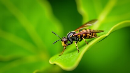 Fototapeta premium Wasp Resting On A Green Leaf