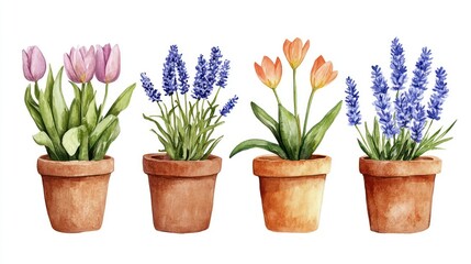Botanical illustration displays potted tulips, lavender flowers, terracotta pots, artistic spring feeling.