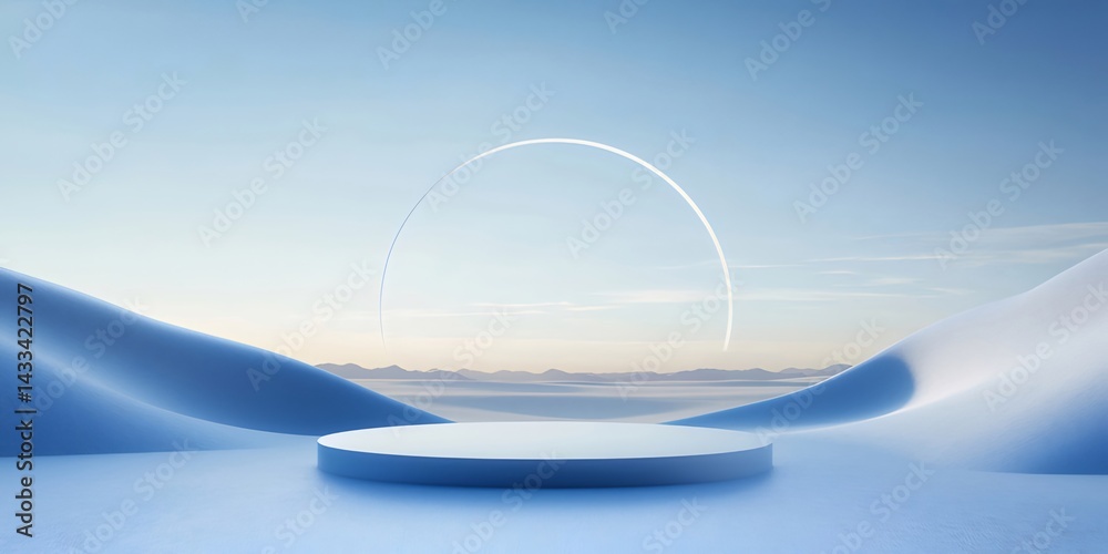 Aufkleber 青色の雪山と円形の構造物と展示プラットフォームの美しい冬景色 3dレンダリング