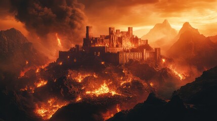 Fototapeta premium Fantasy castle endures blazing inferno, volcanic landscape burns, mountains smolder, orange sky looms dramatic, intense