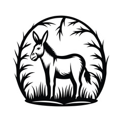 Silhouette of a Donkey with Foliage in Circular Frame, Isolated on White Background