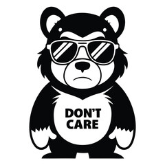 Monochrome Bear with Sunglasses and Displeased Face. Don't Care text on Belly