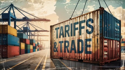 Global trade containers display tariffs and trade issues.