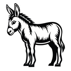 Stylized Black and White Donkey Illustration, Standing Side View, Farm Animal Art