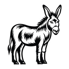 Standing Donkey in Full Black and White Silhouette. Farm Animal Mammal with Long Ears