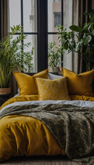 Mustard yellow pillows on a bed with plants and window.