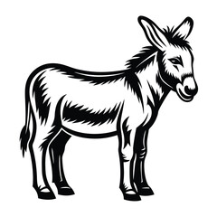Standing Donkey, Mule Silhouette, Farm Animal Clipart, Wild Equine Mammal, Black and White