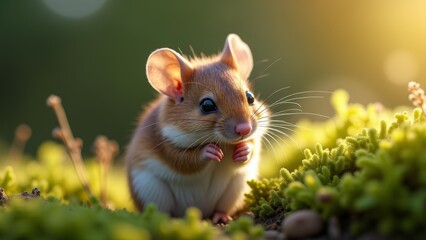 Cute Brown Mouse In Green Meadow