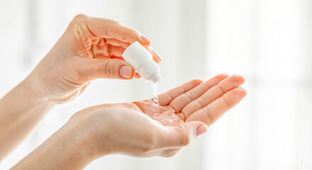 Naklejka premium Hand hygiene essential: Woman applying clean sanitizer gel from pump bottle for germ protection. Personal care, health safety concept.