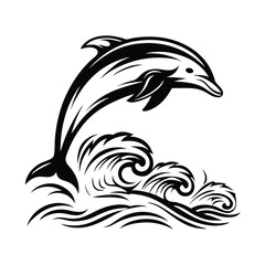 Leaping Dolphin Silhouette with Stylized Waves, Ocean Wildlife, Black and White Art