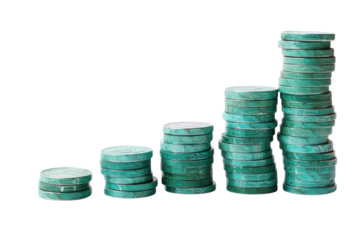 Stacks of green coins arranged in increasing height, representing growth and financial progress in a minimalist setting