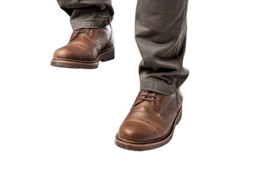 Stylish brown leather shoes worn with gray pants during a casual outing