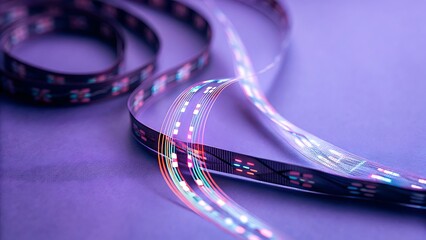 Flexible LED Strip Displaying Data Visualizations on Purple Background – Futuristic Glowing Tech Ribbon for Technology, AI, Innovation, Electronics, and Light Concepts