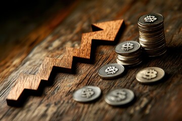 A wooden arrow pointing upwards with stacks of coins lined up, symbolizing financial growth
