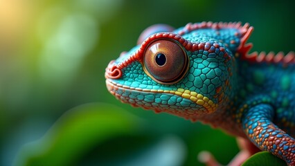 Fototapeta premium Colorful Chameleon Close Up on Greenery