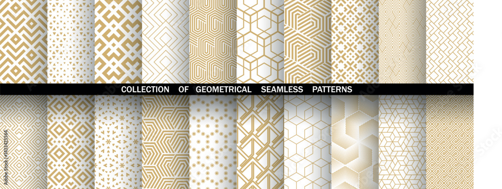 Poster Geometric set of seamless golden and white patterns. Simple vector graphics
