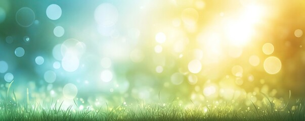 Obraz premium Abstract Defocused Backdrop Teal to Yellow Gradient with Bright Bokeh and Green Grass