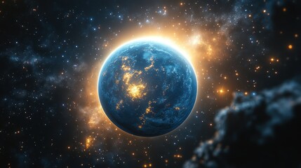 A blue planet with city lights surrounded by stars and cosmic dust.