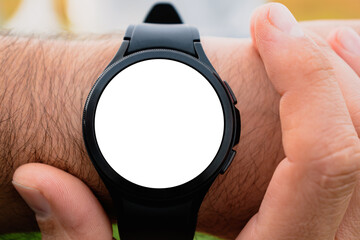 Smart watch screen mockup for advertising, man using his watch outdoors, marketing and creative design
