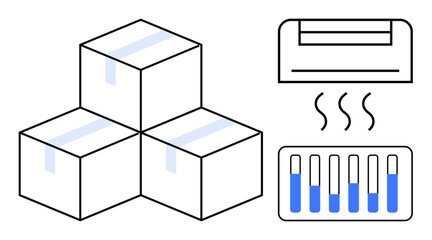 Boxes stacked for storage, cooling HVAC unit, lab test tubes. Ideal for logistics, science, climate control, research, packaging, cold chain simple landing page