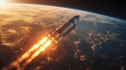 Obraz premium Rocket launches above Earth, engines ablaze, pursuing future exploration, scientific progress, astronautics innovation.