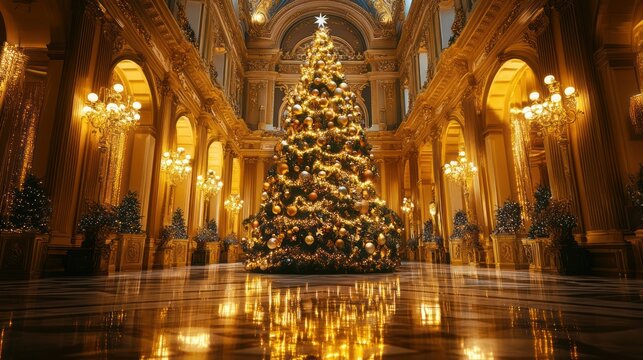 Christmas tree glows brilliantly, illuminating grand hall, creates atmosphere festive celebration, holiday cheer radiates.