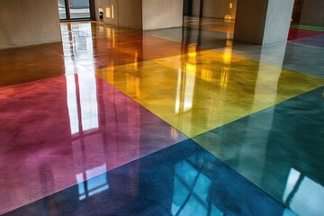Colorful polished concrete floor with vibrant squares reflecting light.