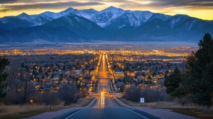 A scenic nighttime view of a city surrounded by mountains