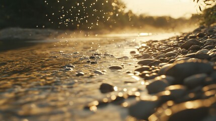 Water droplets are falling onto a rocky riverbed at sunset
