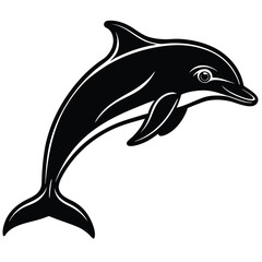 Obraz premium Jumping Dolphin Silhouette with Tropical Island Scene, Stars, Waves and Palm Trees