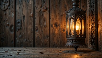 Vintage lantern glowing warmly on a rustic wooden surface with textured paneling
