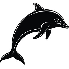 Elegant Black Silhouette of Dolphin Leaping Above Stylized Ocean Waves in Circle