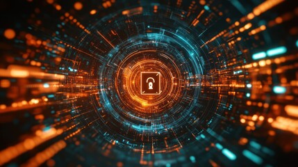 Obraz premium Open padlock glows within data tunnel, radiating digital network connections, embodying cybersecurity, data protection.