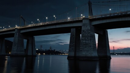 Fototapeta premium Night cityscape bridge traffic river sunset