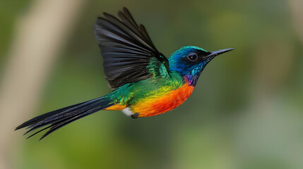 Obraz premium Colorful Bird In Mid-Flight Displaying Vibrant Plumage Against Blurred Green Background