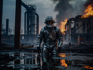 Mysterious figure in reflective suit amid industrial ruins at dusk, surrounded by smoke and flames.