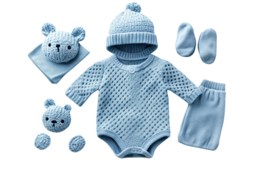 Adorable baby boy s blue knitted outfit featuring a bodysuit hat pants socks and cute teddy bear toys on on transparent background