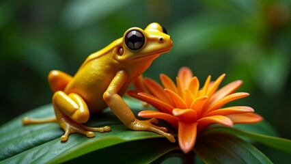 Golden Frog On Leaf Beside Flower