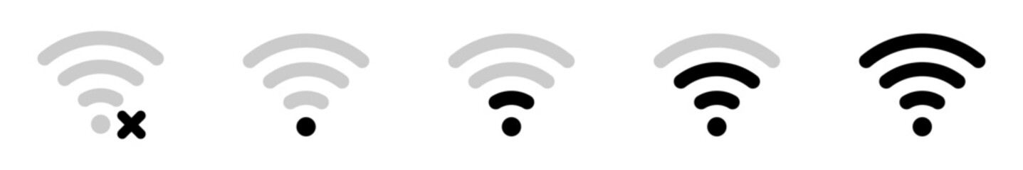 Wi-Fi signal strength icon set in vector format showing different connection levels from no signal to full. Ideal for UI,UX, apps, and web interfaces. Clean, minimal, and editable design.