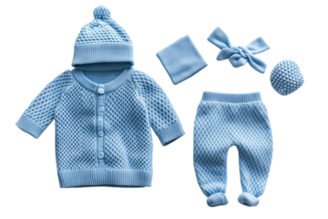 Adorable baby boy s light blue knitted outfit including a cardigan pants hat booties and headband on transparent background