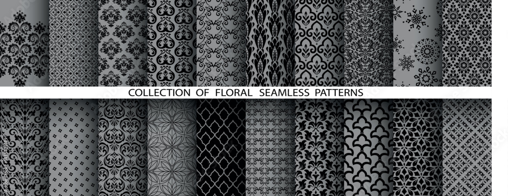 Poster geometric floral set of seamless patterns. gray and black vector backgrounds. damask graphic ornamen