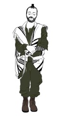 Illustration of a Jewish soldier in prayer, wearing IDF uniform with tallit and tefillin. Eyes closed, hands folded in peaceful devotion. Full-body front view on white background.