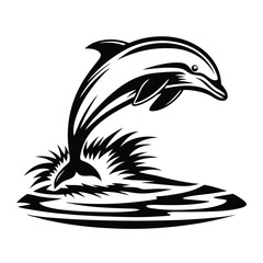 Leaping Dolphin Silhouette over Water. Black and white aquatic design