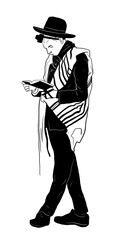 Black and white illustration of a young Orthodox Jewish man walking in prayer, wearing a tallit and hat, holding a siddur. Captures spiritual movement and inward focus in a minimalist style.