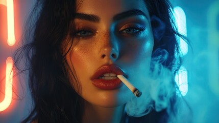Obraz premium Caucasian woman smokes cigarette; neon lights glow, dramatic shadows create mysterious, alluring atmosphere.