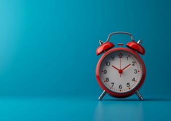 Classic red alarm clock on vibrant blue background symbolizing time management and punctuality.
