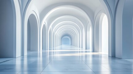 Hallway shows geometric architectural interior space with clean lines, smooth surfaces, elegant archways.