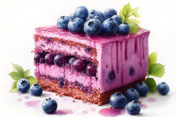 Purple blueberry cheesecake cut into pieces on white background.